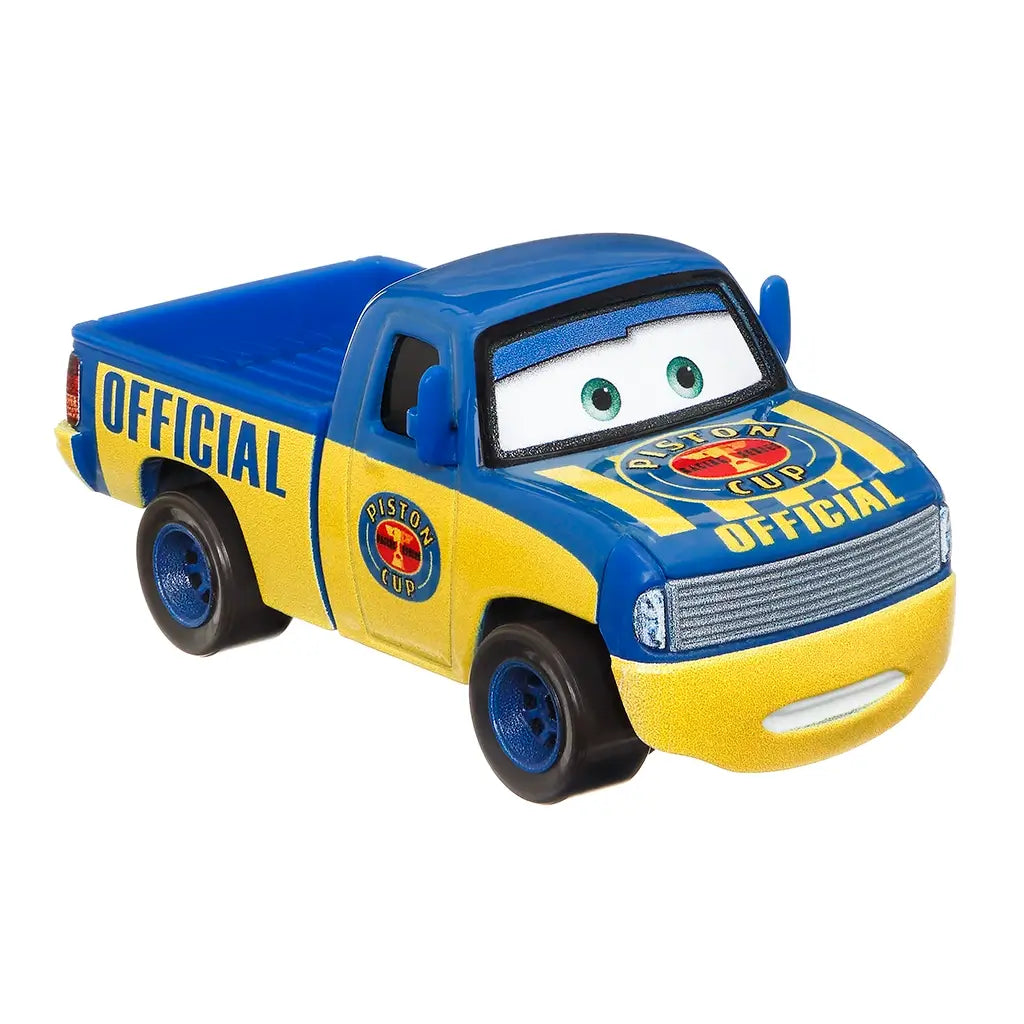 Disney Pixar Cars Dexter Hoover diecast shown at an angled view, featuring blue and yellow metal body, squared pickup form, Piston Cup Official hood emblem, blue wheels, expressive windshield eyes, and race official styling on white.