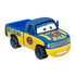 Disney Pixar Cars Dexter Hoover diecast shown at an angled view, featuring blue and yellow metal body, squared pickup form, Piston Cup Official hood emblem, blue wheels, expressive windshield eyes, and race official styling on white.