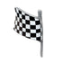 Disney Pixar Cars checkered flag accessory shown separately, featuring black and white fabric-style pattern, small gray plastic pole, curved flag shape, and race finish theme designed to pair with Dexter Hoover diecast on white.