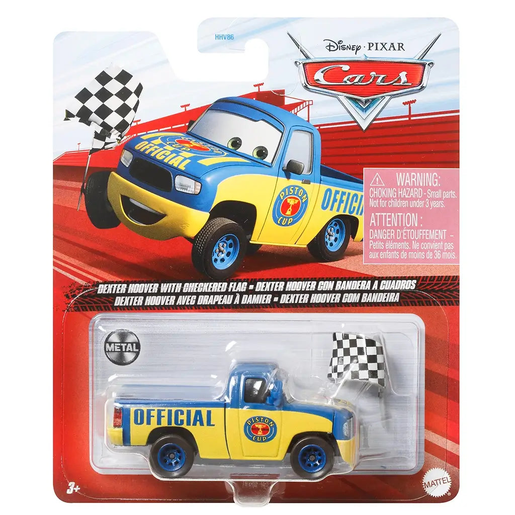 Disney Pixar Cars Dexter Hoover with checkered flag package front in red printed cardboard and clear plastic blister, displaying the blue and yellow Piston Cup Official truck, accessory flag, character art, and Mattel branding.