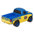 Disney Pixar Cars Dexter Hoover diecast shown from a rear angled view, featuring blue truck bed, yellow tailgate with Official lettering, textured metal finish, blue wheels, and sturdy race official pickup proportions on white.