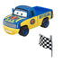 Disney Pixar Cars Dexter Hoover diecast pickup truck in bright blue and yellow metal with lightly textured finish, boxy utility truck shape, Piston Cup Official logos, blue wheels, friendly eyes, and race official theme on a clean white background.