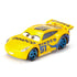 Disney Pixar Cars Dinoco Cruz Ramirez diecast race car in bright yellow metal with glossy texture, sleek next-gen stock car shape, blue Dinoco graphics, bold number 51 markings, metallic blue wheels, and expressive eyes on a clean white studio background.