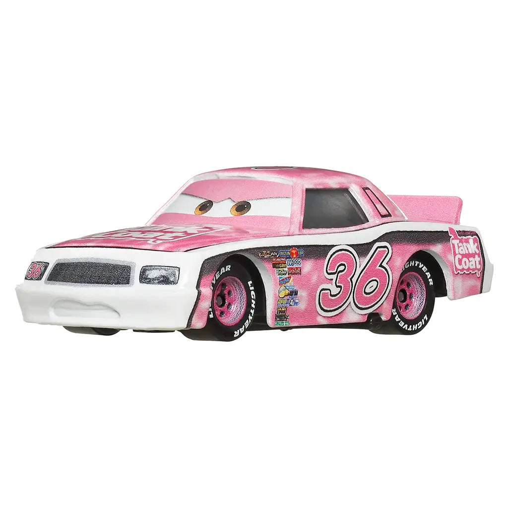 Disney Pixar Cars Eugene Carbureski toy shown in angled view with pink gradient paint, white front bumper, molded metal body, racing decals, expressive windshield eyes, and compact 1:55 scale proportions on white.
