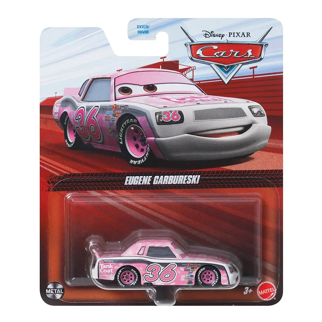 Disney Pixar Cars Eugene Carbureski retail packaging featuring a pink and white number 36 diecast race car secured in blister pack, with Cars branding, character artwork, name label, and Mattel logos visible.