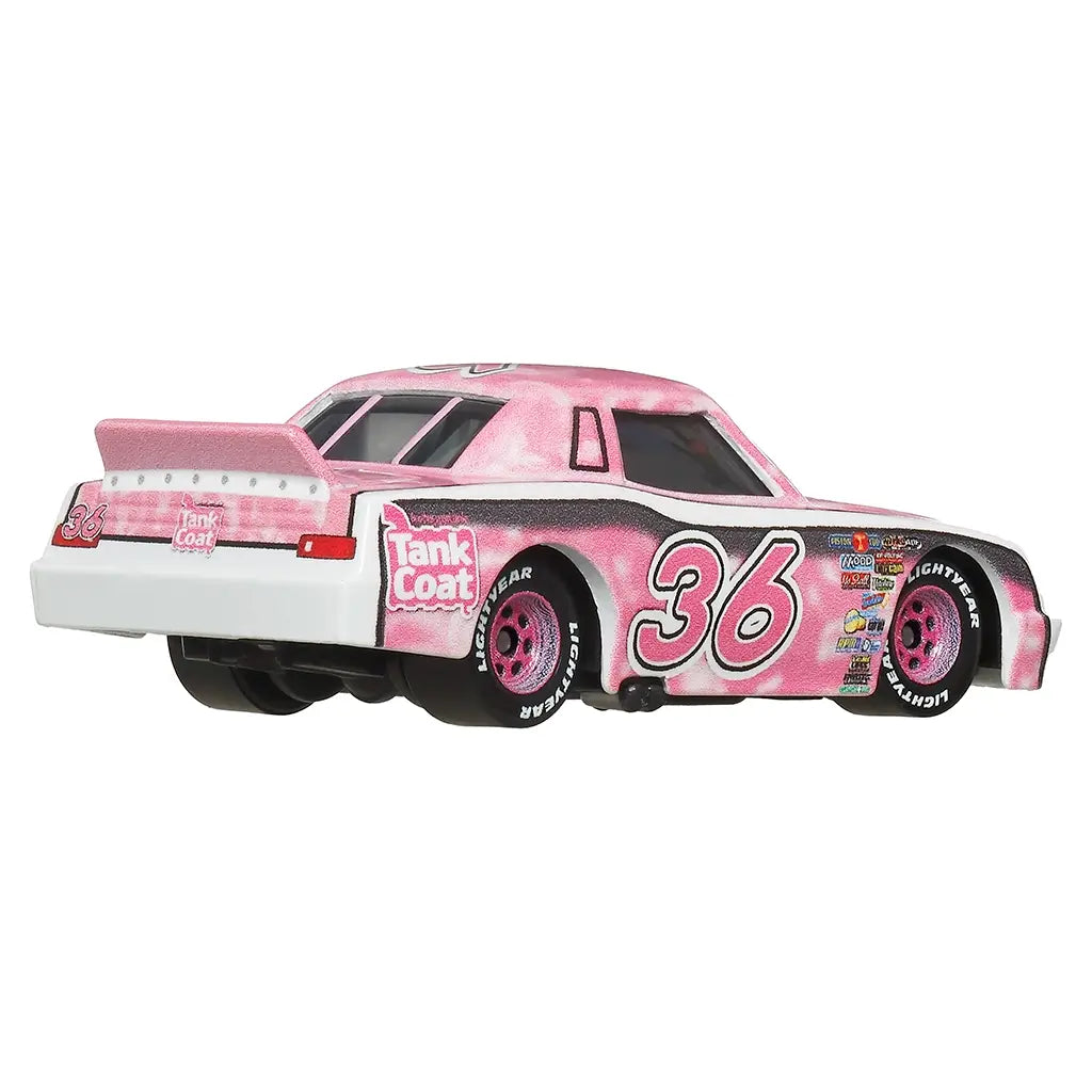 Disney Pixar Cars Eugene Carbureski rear angled view highlighting pink rear spoiler, textured metal finish, number 36 side graphics, sponsor logos, rolling wheels, and stylized stock car shape on a white background.