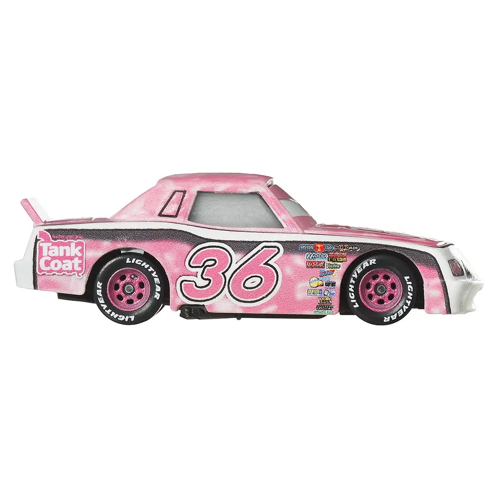 Disney Pixar Cars Eugene Carbureski side profile displaying pink and white metal body, large number 36 graphic, detailed sponsor decals, black tires with printed lettering, and low racing stance on white.