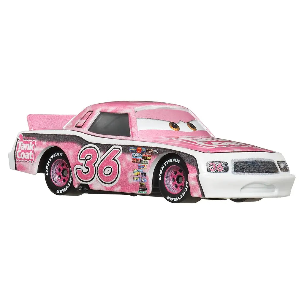 Disney Pixar Cars Eugene Carbureski diecast race car in pink and white metal with textured paint finish, bold number 36 graphics, sponsor decals, cartoon eyes on windshield, and stock car body style shown on a white background.