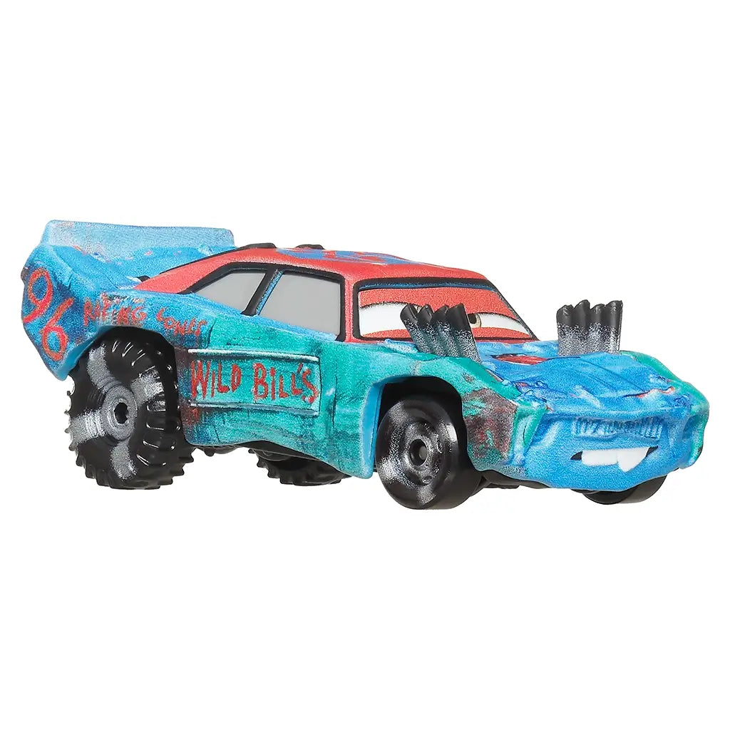 Angled view of Disney Pixar Cars Fishtail 1:55 diecast toy, featuring turquoise paint, red roof, Wild Bill’s decals, and large textured wheels with detailed character styling.