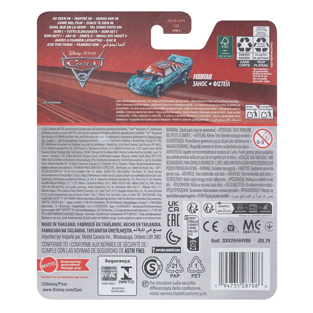 Back of Disney Pixar Cars Fishtail toy packaging with multilingual product details, safety warnings, barcodes, and character artwork above the description panel.