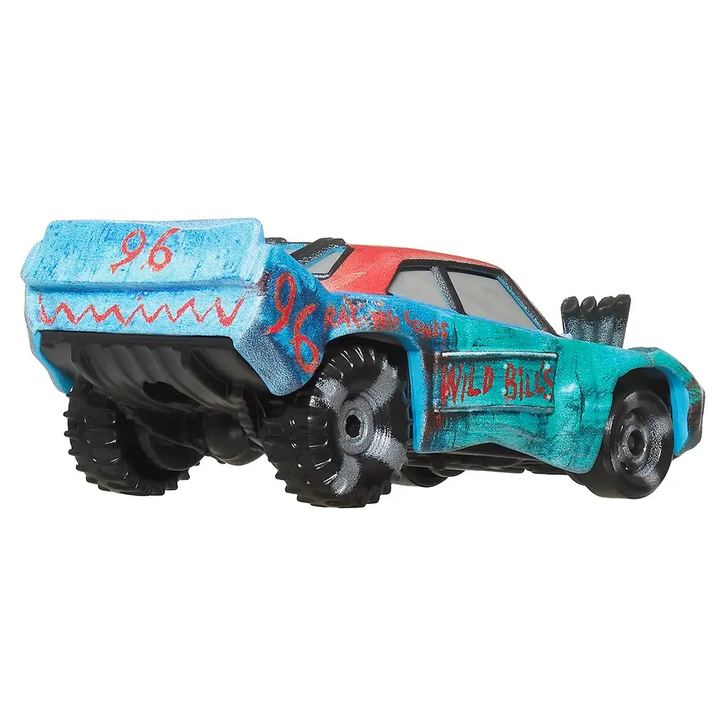 Rear angled view of Disney Pixar Cars Fishtail 1:55 scale diecast toy car, highlighting large black wheels, turquoise paint, red roof, and number 96 racing detail on the spoiler.