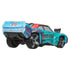 Rear angled view of Disney Pixar Cars Fishtail 1:55 scale diecast toy car, highlighting large black wheels, turquoise paint, red roof, and number 96 racing detail on the spoiler.