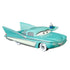 Disney Pixar Cars Flo with Tray diecast vehicle in metallic teal with whitewall tires, sleek tail fins, and a tray holding a blue drink, displayed at a side angled view.