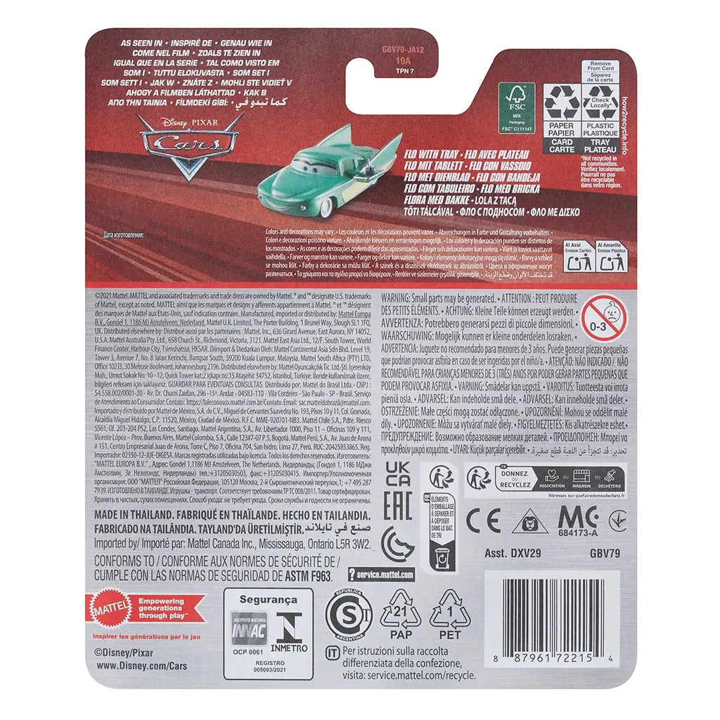 Back of Disney Pixar Cars Flo with Tray packaging showing product details, safety warnings, recycling icons, multilingual descriptions, and character image in top corner.