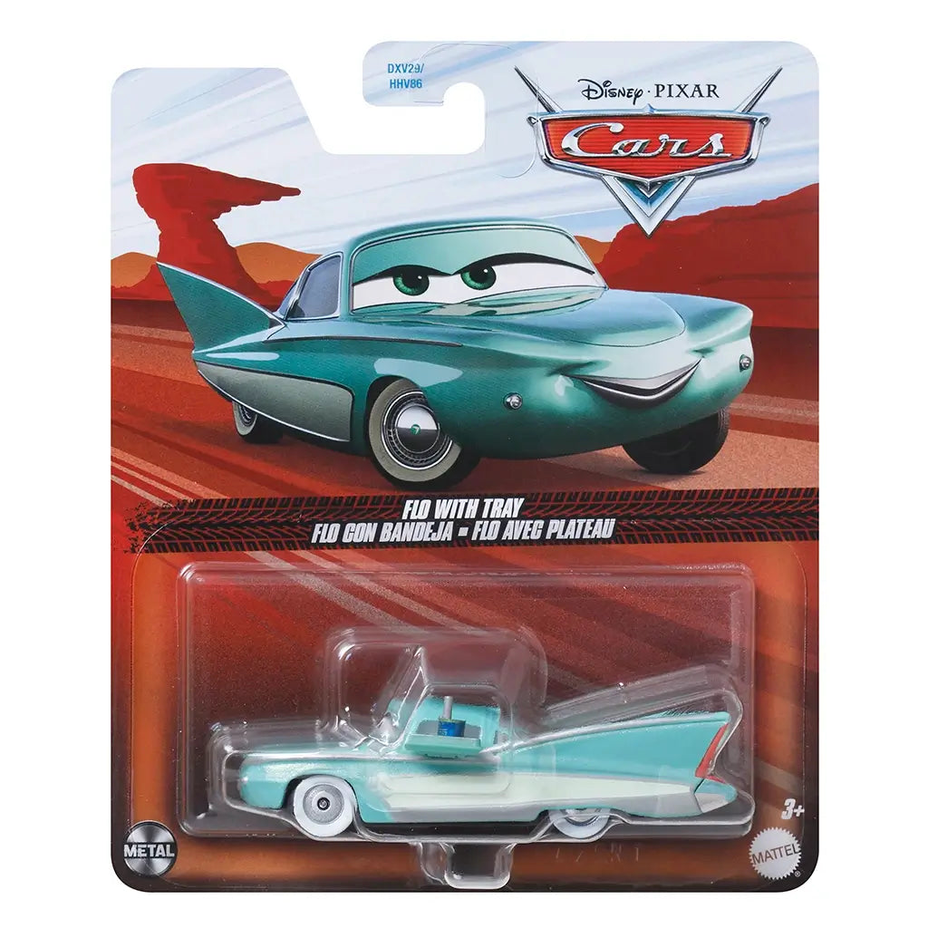 Front packaging of Disney Pixar Cars Flo with Tray diecast featuring teal car artwork on desert racetrack backdrop, blister pack showing toy car with serving tray accessory.
