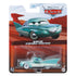 Front packaging of Disney Pixar Cars Flo with Tray diecast featuring teal car artwork on desert racetrack backdrop, blister pack showing toy car with serving tray accessory.