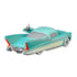 Disney Pixar Cars Flo with Tray diecast in teal with cream side panels, chrome details, and red taillights, shown from rear angled view highlighting fins and license plate.