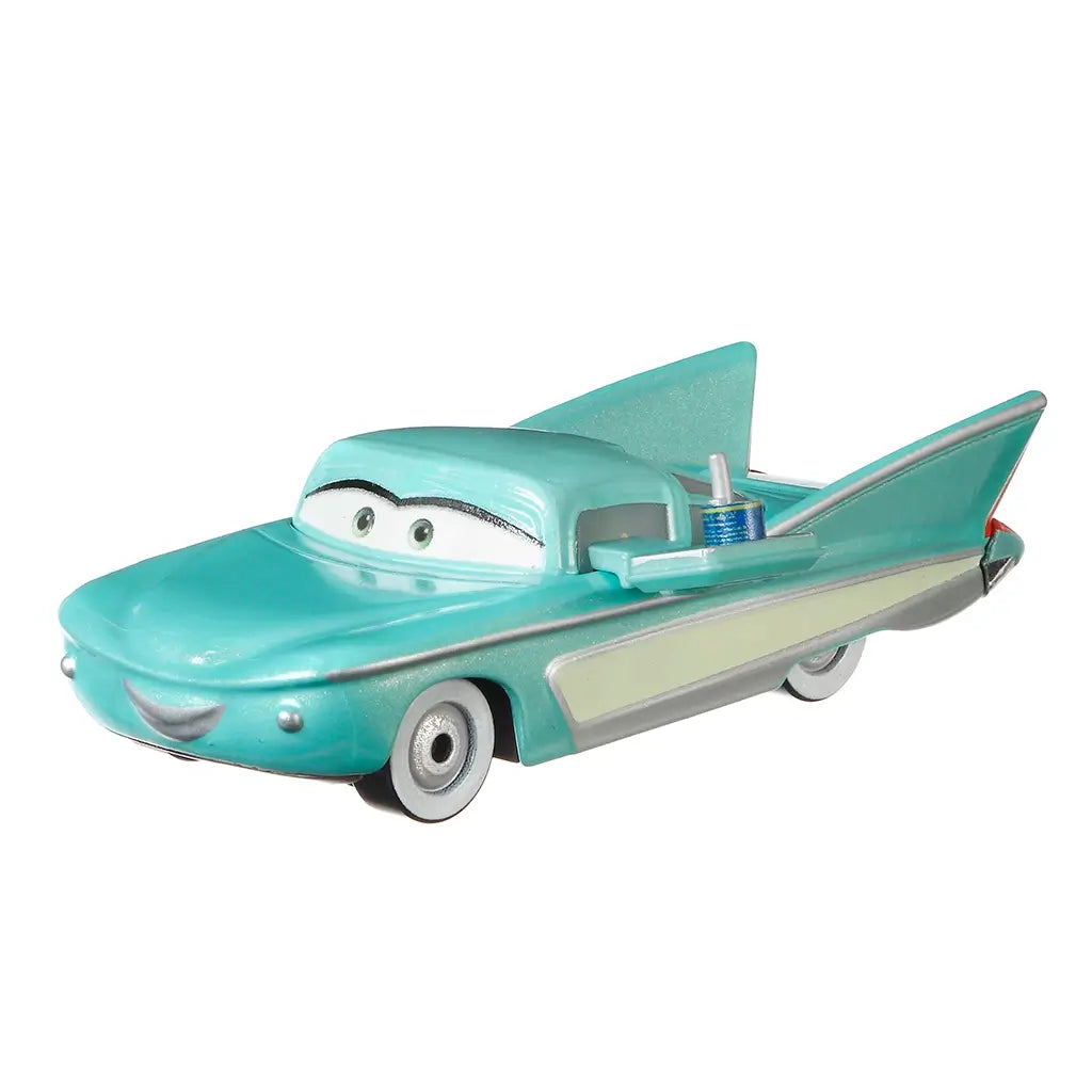 Disney Pixar Cars Flo with Tray 1:55 scale diecast toy car in shimmering teal with silver trim, whitewall wheels, and serving tray holding a cup, shown at a front angled view.