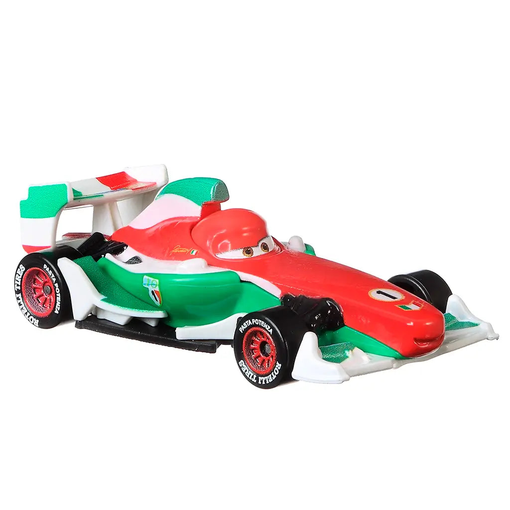 Disney Pixar Cars Francesco Bernoulli diecast vehicle shown at an angle with red and green metal body, smooth aerodynamic open-wheel form, expressive eyes, racing number details, and white product backdrop.