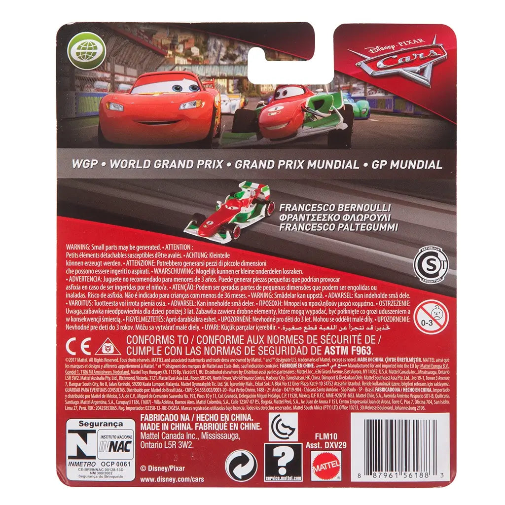 Disney Pixar Cars Francesco Bernoulli diecast package back featuring World Grand Prix artwork, character images, multilingual safety warnings, branding logos, and detailed product information layout.