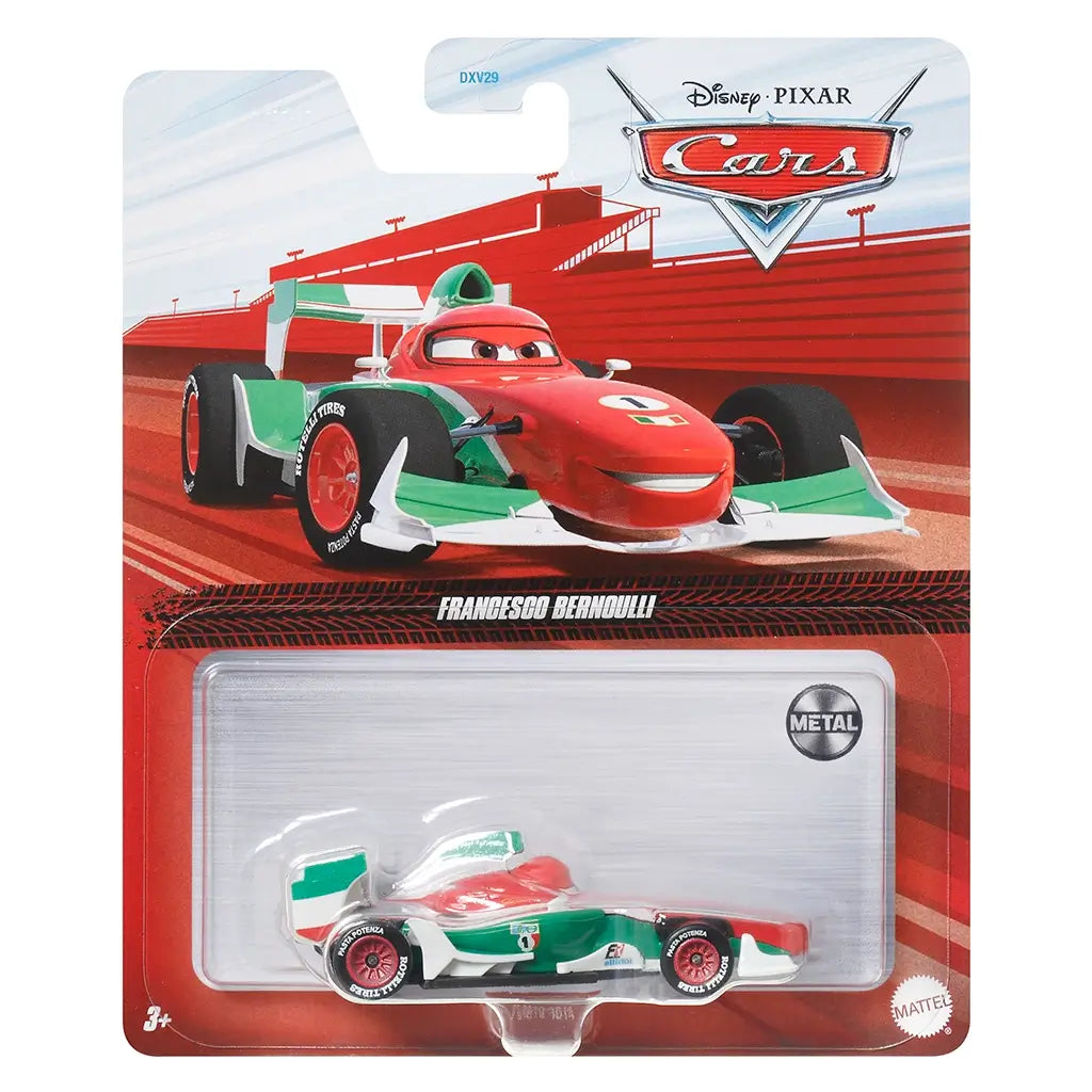 Disney Pixar Cars Francesco Bernoulli 1:64 diecast vehicle package front showing red and green Formula racer, clear blister packaging, Cars branding, metal badge, and illustrated racetrack background.