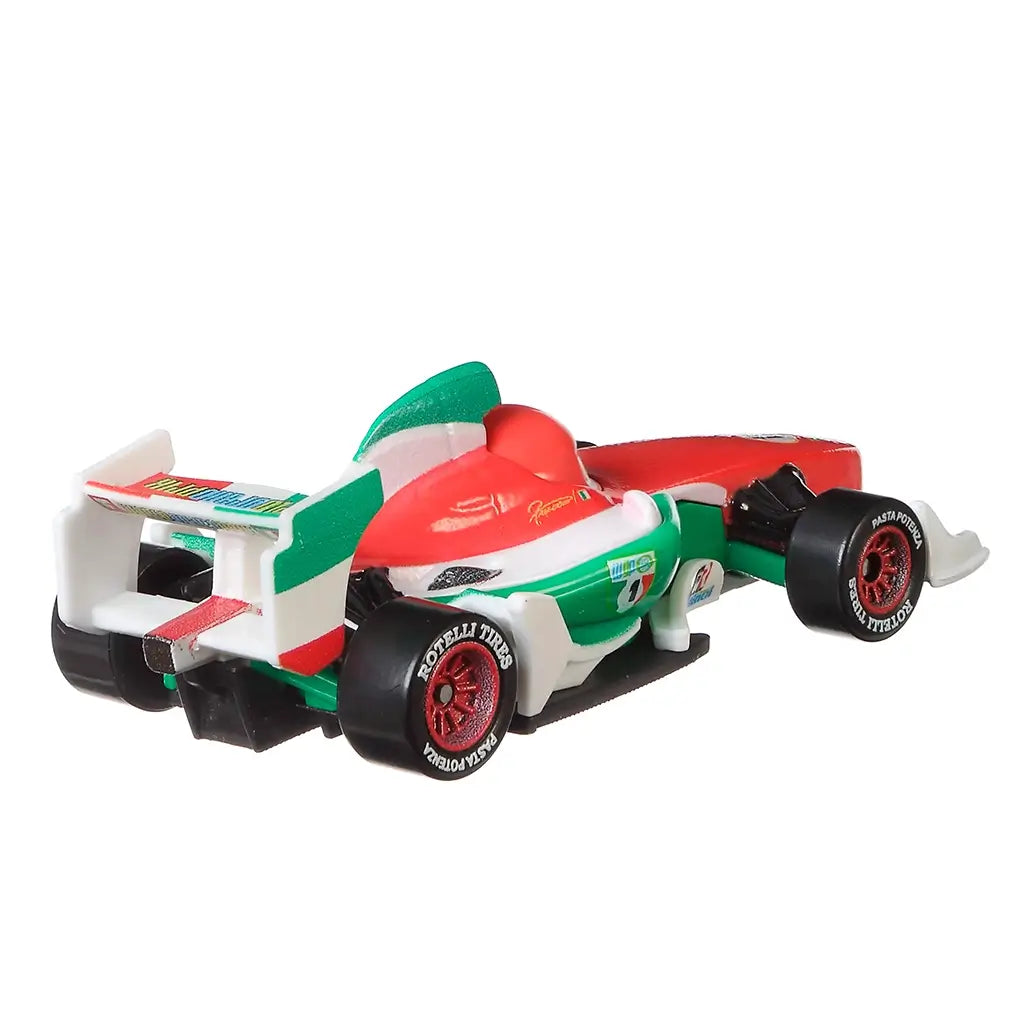 Disney Pixar Cars Francesco Bernoulli diecast rear angled view with red, white, and green metal finish, rear wing spoiler, open wheels, racing decals, and clean white studio background.