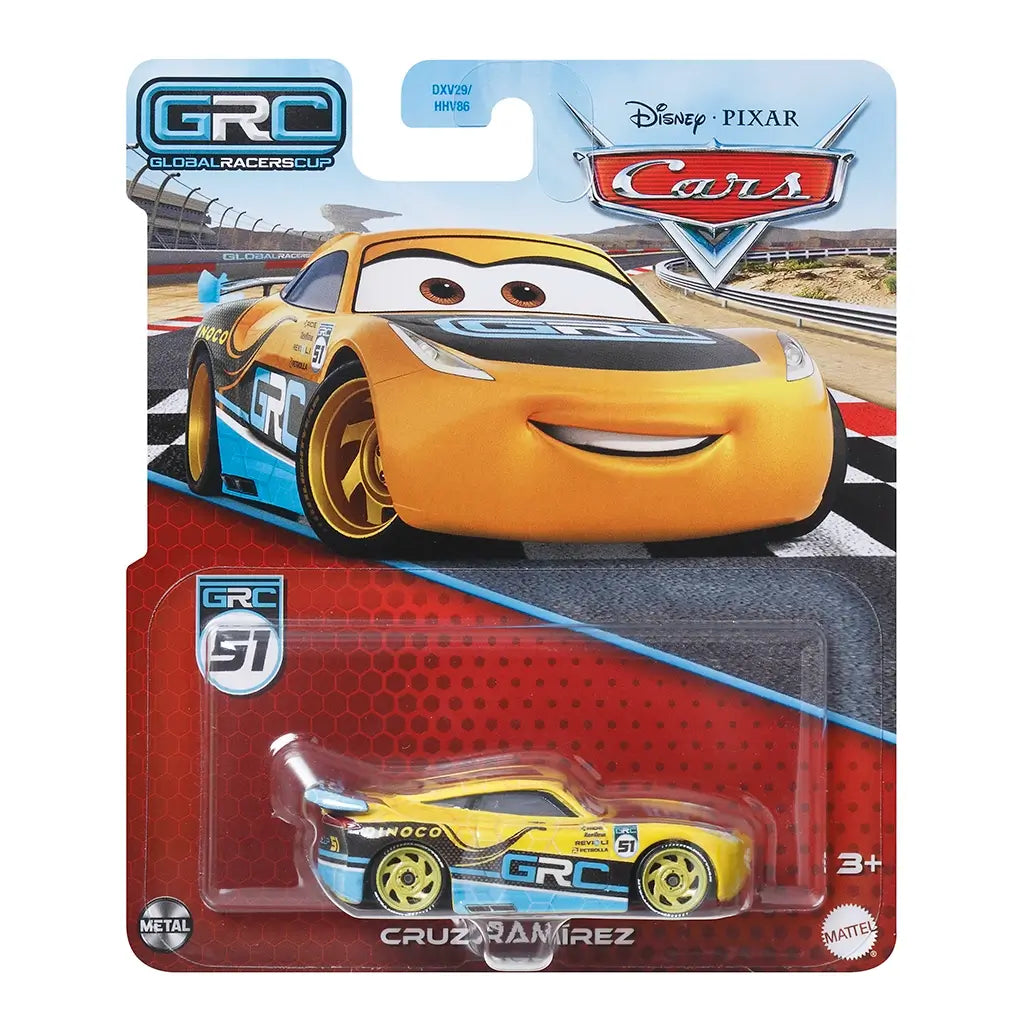 Disney Pixar Cars GRC 51 Cruz Ramirez diecast car in yellow with blue racing graphics, number 51, and detailed artwork, packaged in clear blister with Global Racers Cup track design card.