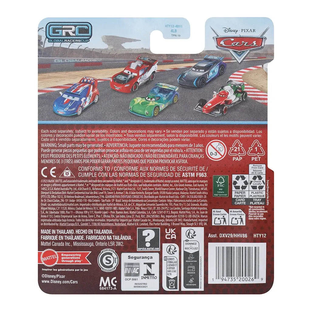 Disney Pixar Cars Global Racers Cup toy packaging back shows five colorful race cars on a winding track with red, green, blue, and white designs, safety warnings, and recycling symbols.