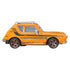 Side profile of Disney Pixar Cars Grem diecast toy, orange body with black stripe detail, rust weathering, silver mirrors, roof rack, and chrome-accented wheels against white background.