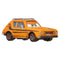 Orange Disney Pixar Cars Grem diecast car with green eyes, silver roof rack, rust-like weathering, and five-spoke wheels, displayed on a white background in a front angled view.