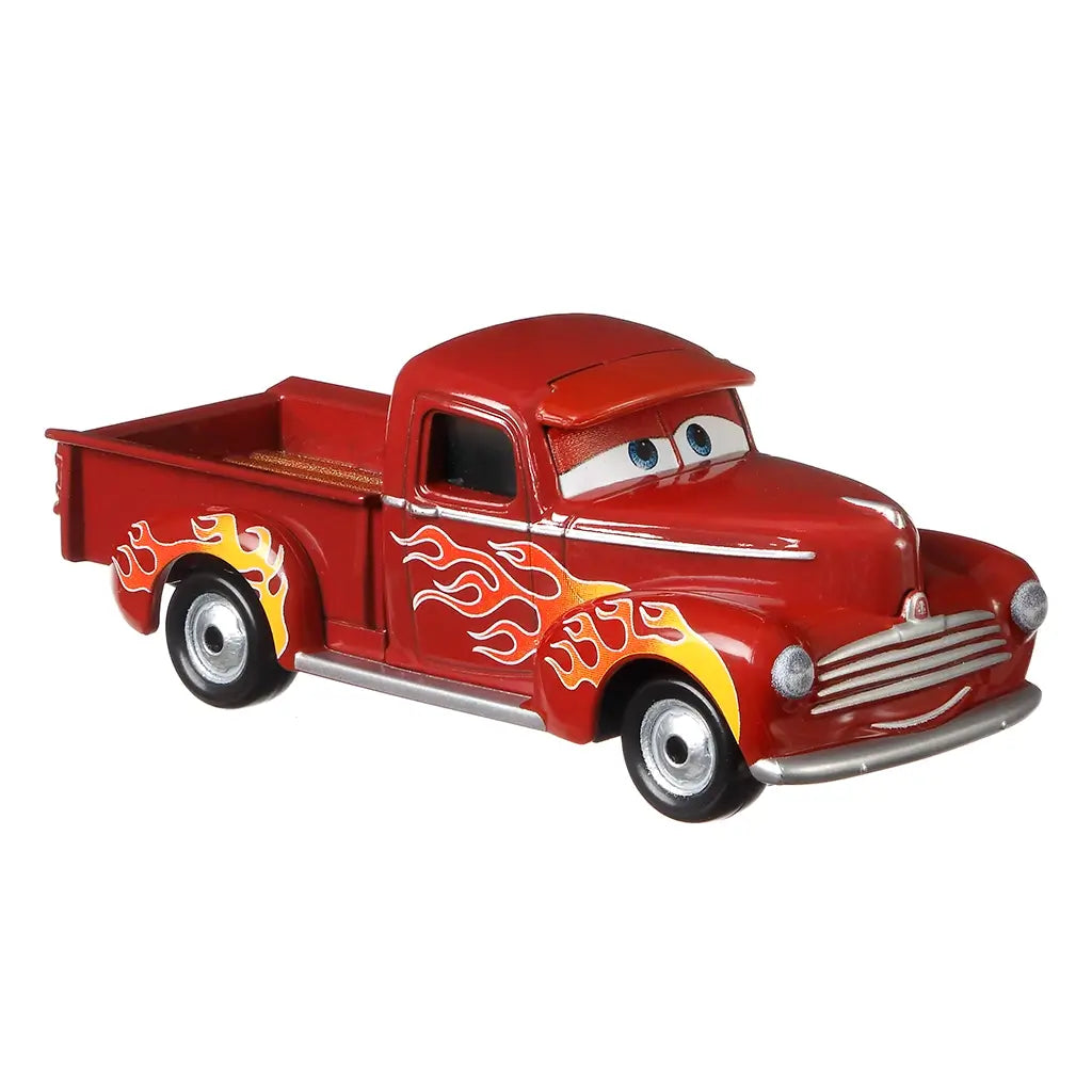 Disney Pixar Cars Heyday Smokey diecast pickup shown at an angled view, finished in deep red metal with smooth gloss, curved hood and fenders, silver trim, flame decals, and retro truck styling from the Cars universe on a clean white backdrop.