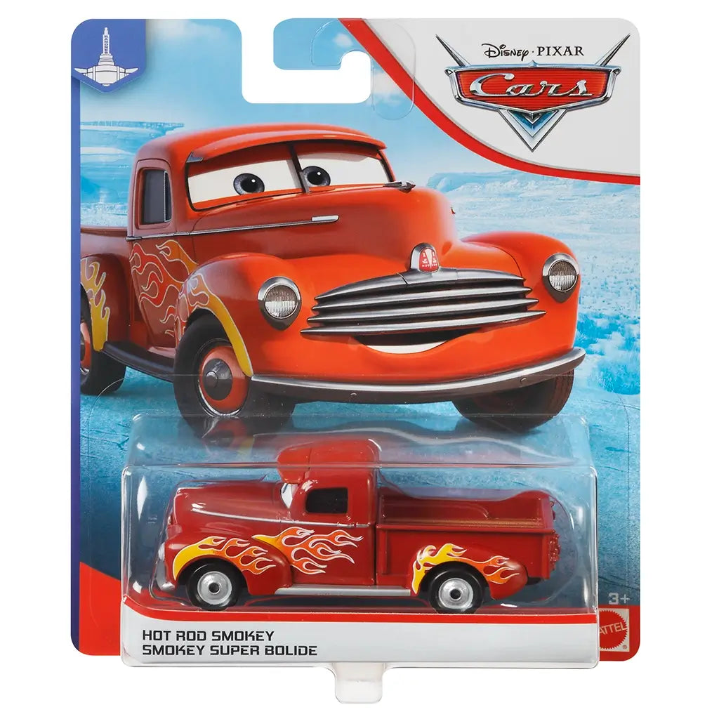 Disney Pixar Cars Heyday Smokey retail package front with blue and white card art, clear plastic blister, and icy landscape illustration, displaying the deep red vintage pickup character with flame graphics, officially branded by Disney Pixar and Mattel.