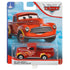 Disney Pixar Cars Heyday Smokey retail package front with blue and white card art, clear plastic blister, and icy landscape illustration, displaying the deep red vintage pickup character with flame graphics, officially branded by Disney Pixar and Mattel.