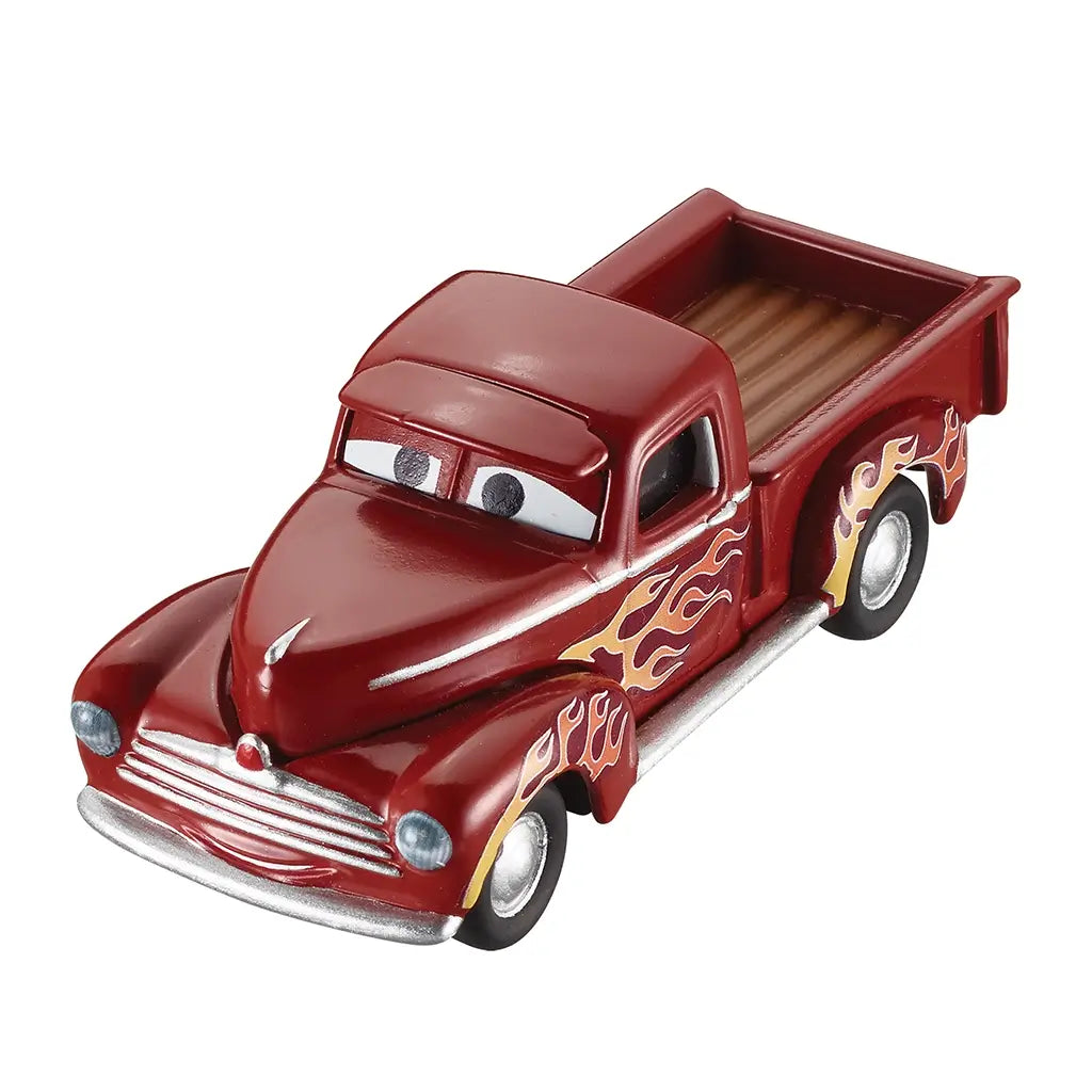 Disney Pixar Cars Heyday Smokey diecast pickup shown from a top angled view, highlighting the deep red glossy metal cab, rounded roofline, open bed detail, silver trim accents, and flame graphics, photographed cleanly against a white background.