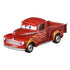 Disney Pixar Cars Heyday Smokey diecast pickup truck in deep red metal with glossy texture, rounded vintage body shape, silver grille and bumpers, flame side graphics, and expressive eyes, shown as a classic Radiator Springs character on a white background.