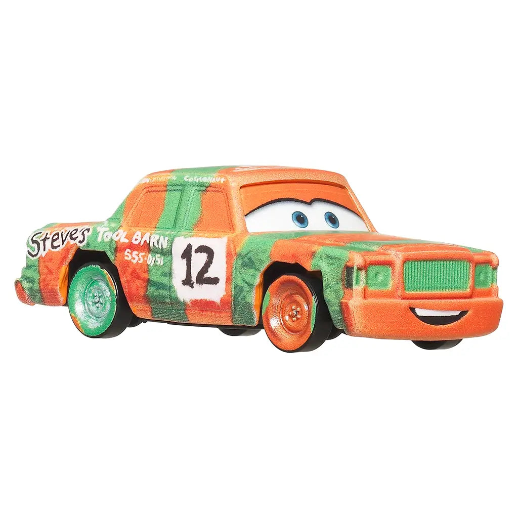 Disney Pixar Cars High Impact toy car in mottled orange and green metal finish, squared race car body, Steve’s Tool Barn branding, number 12 markings, mismatched wheels, and expressive windshield eyes at an angle.