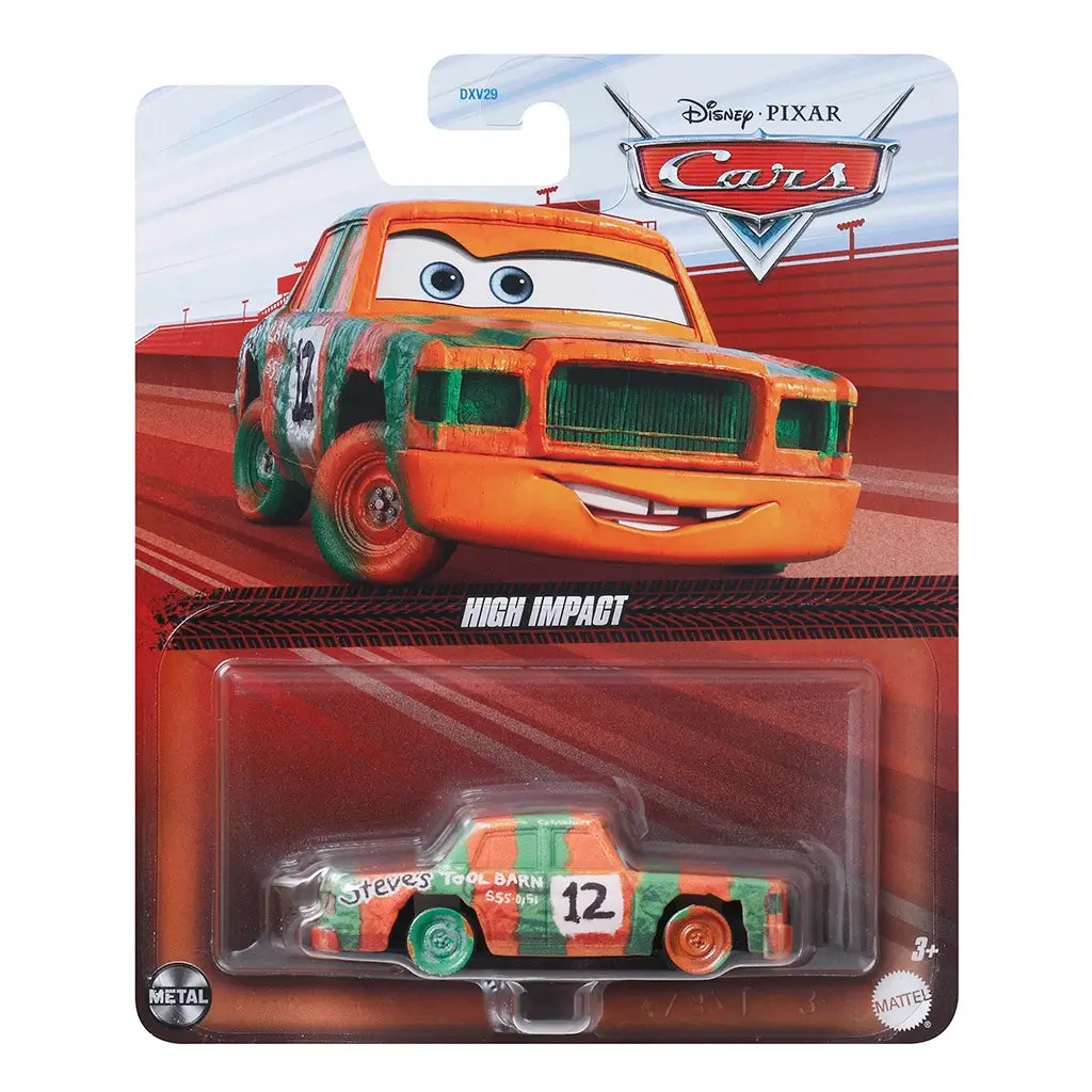 High Impact Disney Pixar Cars diecast in orange and green metal with rough crash-style texture, compact stock car form, sealed in branded blister packaging with character art and racing theme retail backing.