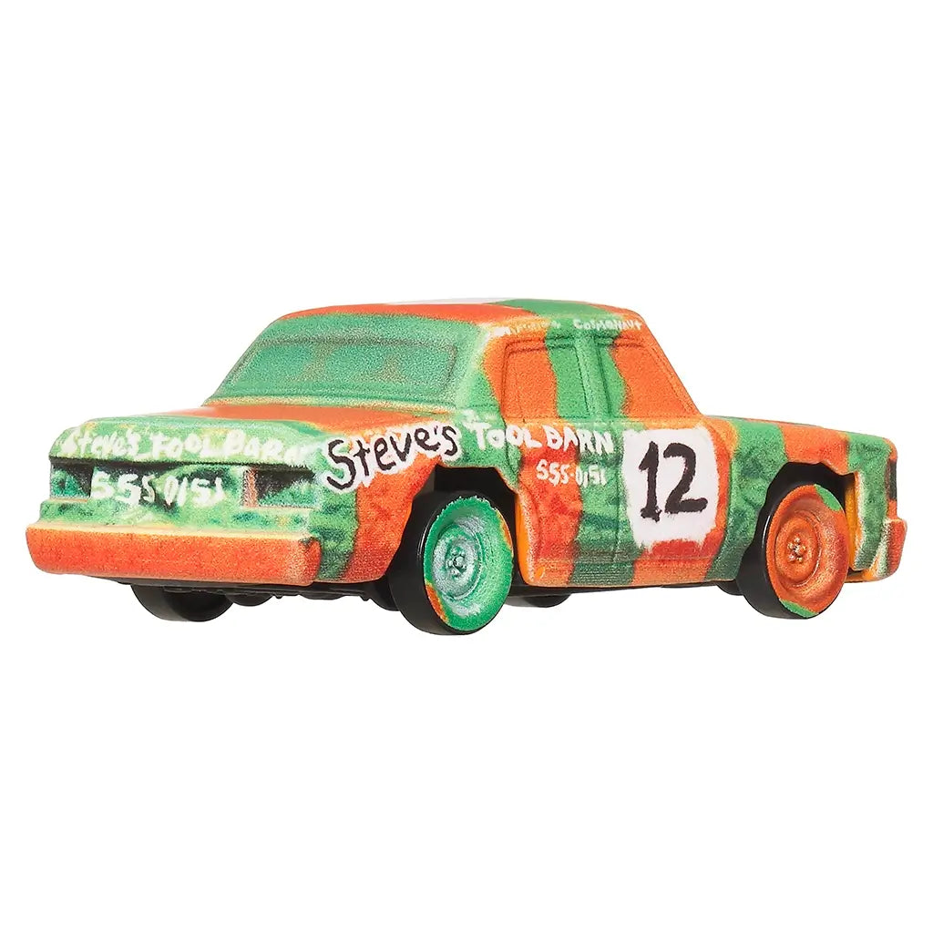 High Impact Cars diecast vehicle in orange and green metal with distressed texture, blocky rear profile, Steve’s Tool Barn logos, number 12 graphics, exposed wheel details, shown from a rear angled studio view.