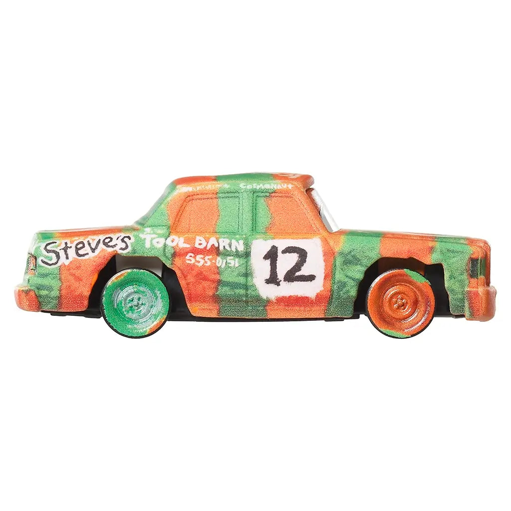 Disney Pixar Cars High Impact diecast car in orange and green metal with gritty painted texture, low rectangular stock car shape, bold number 12 panels, Steve’s Tool Barn text, and simple side profile view.
