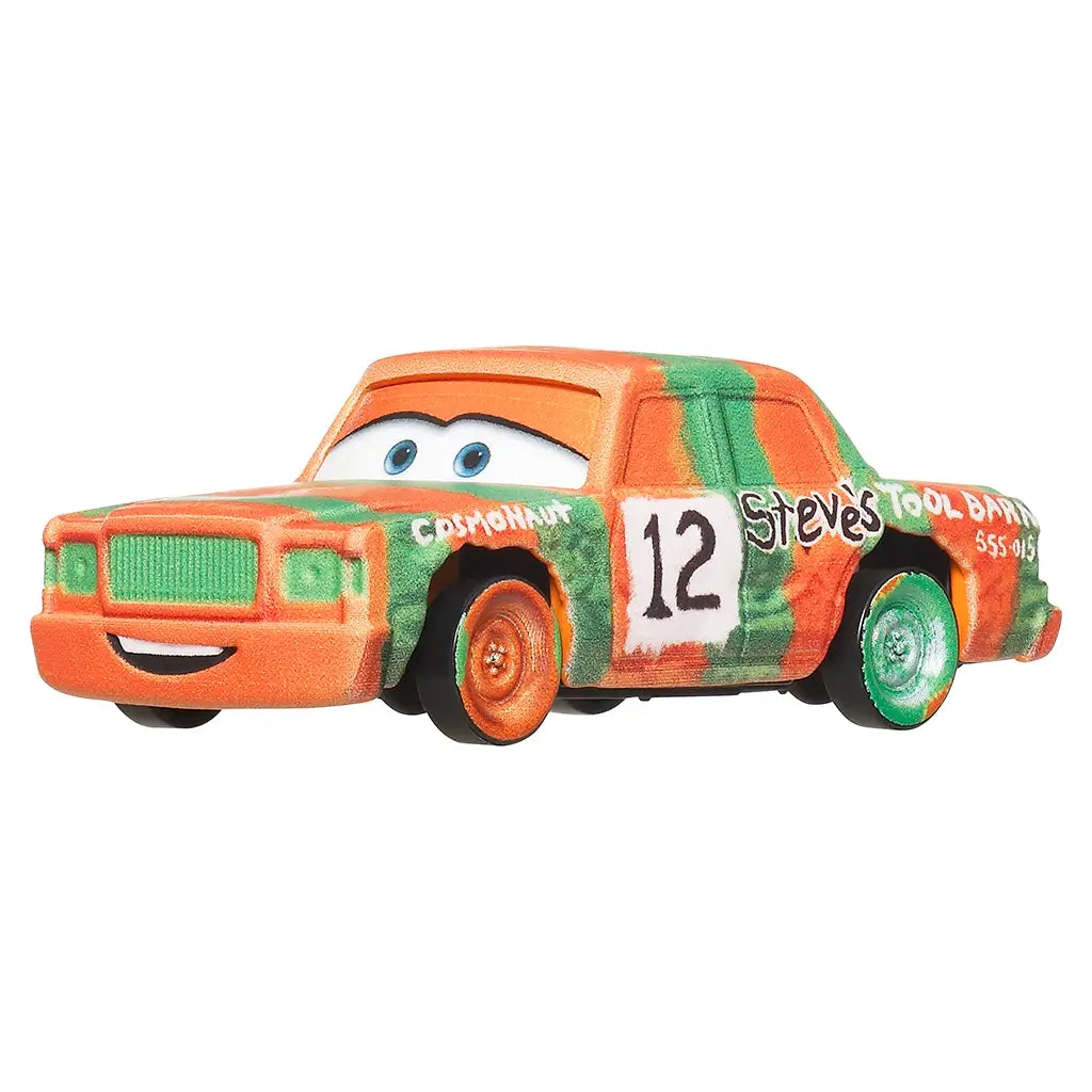 High Impact Disney Pixar Cars diecast vehicle in orange and green metal with textured, weathered paint, boxy stock car shape, Steve’s Tool Barn graphics, number 12 doors, and cartoon eyes on a white background.