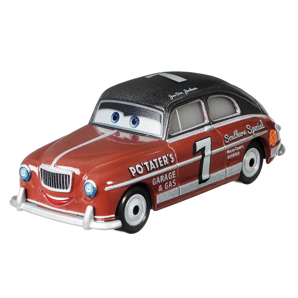 Disney Pixar Cars diecast model of Joe Don Jackson in metallic red and black with silver trim, smiling face, racing number 7, and sponsor logos reading Po’Tater’s Garage & Gas.