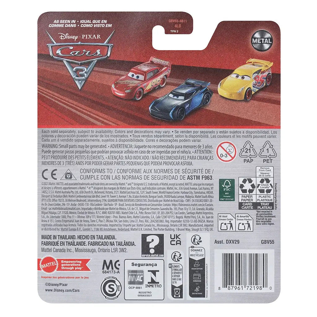 Back packaging of Disney Pixar Cars diecast toy showing Cars 3 branding with Lightning McQueen, Jackson Storm, and Cruz Ramirez images, safety warnings, recycling icons, and Mattel logos.