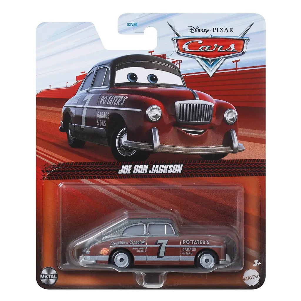 Front packaging of Disney Pixar Cars diecast toy featuring Joe Don Jackson character in red and black with number 7, displayed in clear blister pack with Cars logo and racing track background.