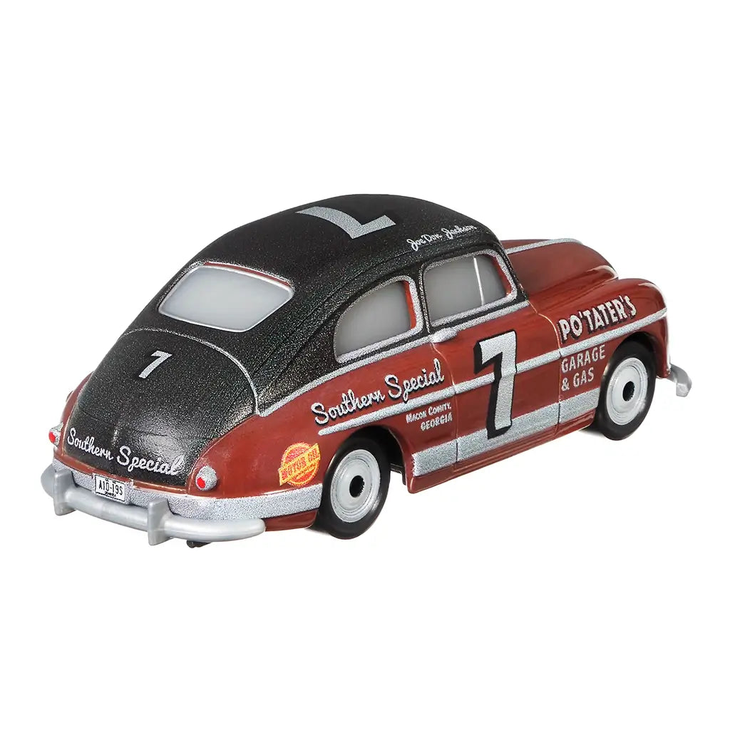 Rear angled view of Disney Pixar Cars diecast Joe Don Jackson showing black roof, red body, silver bumpers, racing decals “Southern Special” and number 7 across side and back.