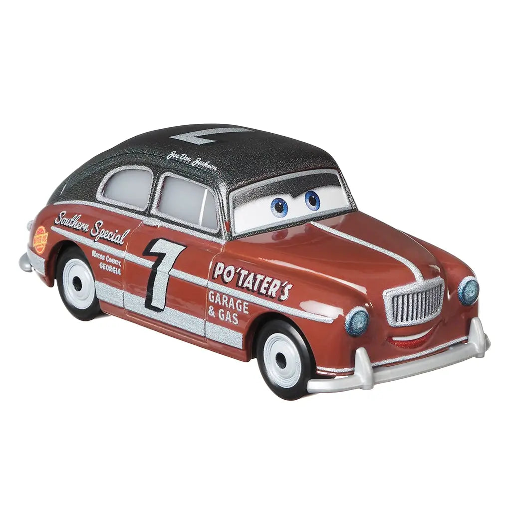Side angled view of Disney Pixar Cars diecast Joe Don Jackson with metallic red finish, black roof, white-rimmed wheels, silver accents, smiling face, and bold number 7 decals.