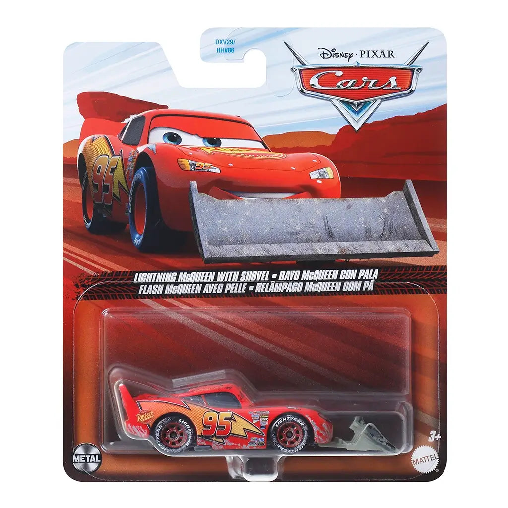 Disney Pixar Cars Lightning McQueen diecast in bright red with number 95 graphics, shovel accessory, and desert racetrack card art, packaged in clear blister for 1:55 scale collectors.