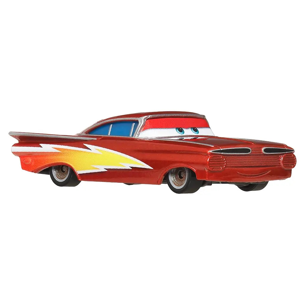 Disney Pixar Cars Lightning Ramone diecast car in metallic red with yellow lightning bolt design, chrome accents, blue-tinted windows, and animated facial details, shown angled left.