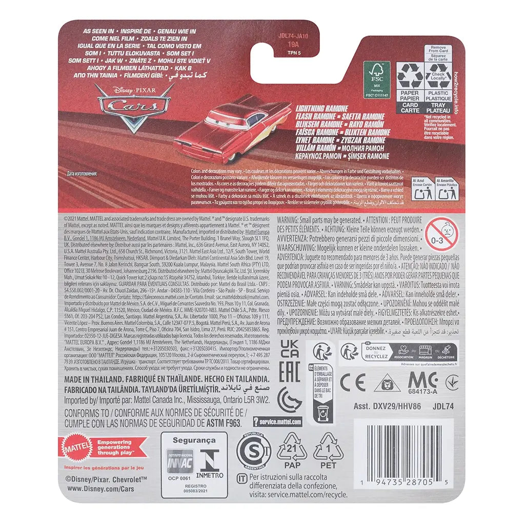 Back of Disney Pixar Cars Lightning Ramone diecast toy packaging with red design, branding logos, character image, product safety warnings, and multilingual text displayed on cardboard backing.