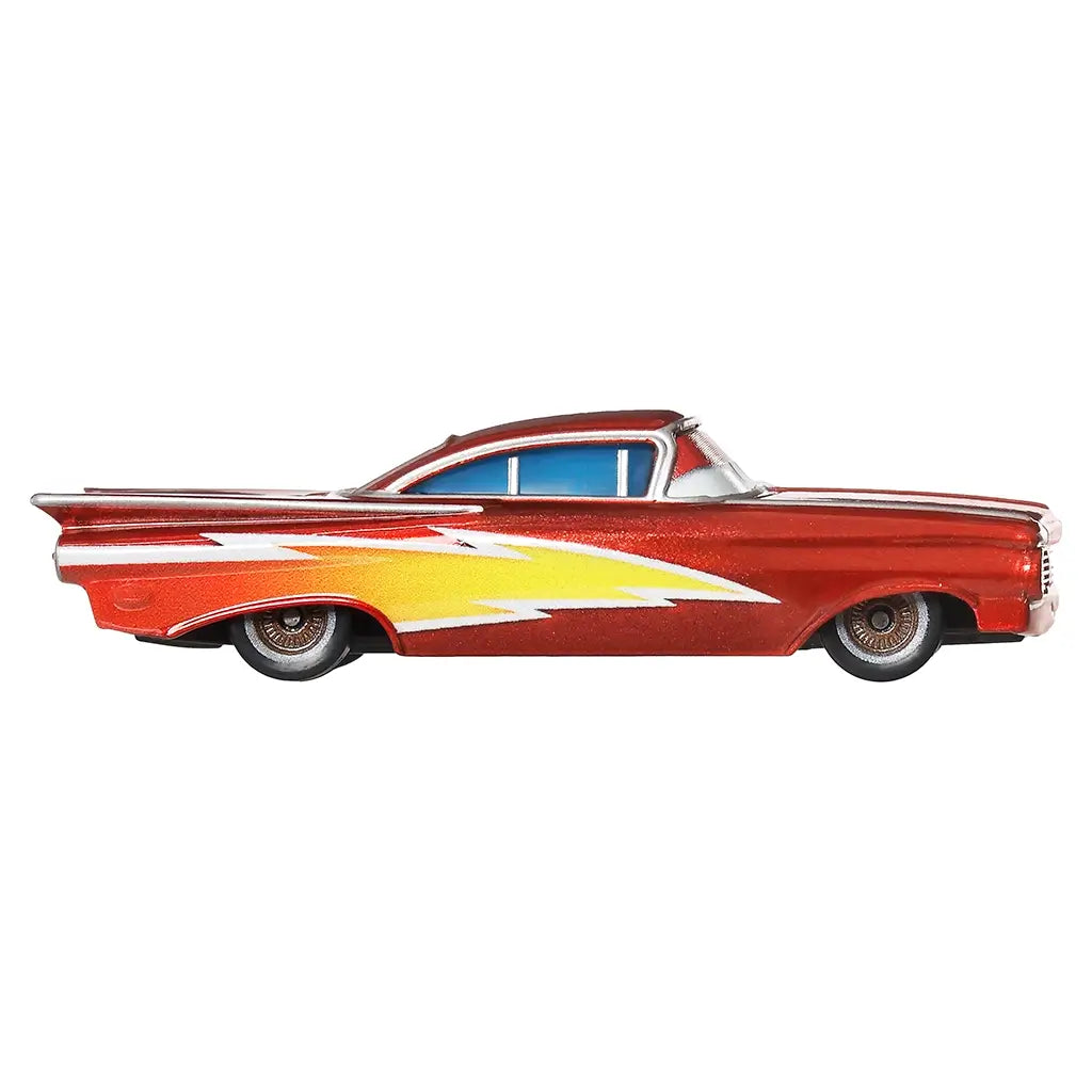 Side profile of Disney Pixar Cars Lightning Ramone diecast car featuring glossy red metallic body, bold yellow lightning bolt decal, chrome trim, blue windows, and detailed lowrider wheels.