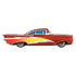 Side profile of Disney Pixar Cars Lightning Ramone diecast car featuring glossy red metallic body, bold yellow lightning bolt decal, chrome trim, blue windows, and detailed lowrider wheels.